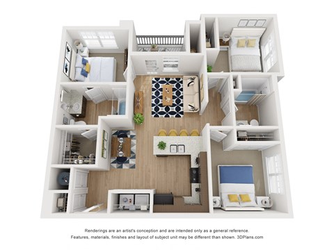 Floor plan for 3 beds, 2 baths, 1055 sqft